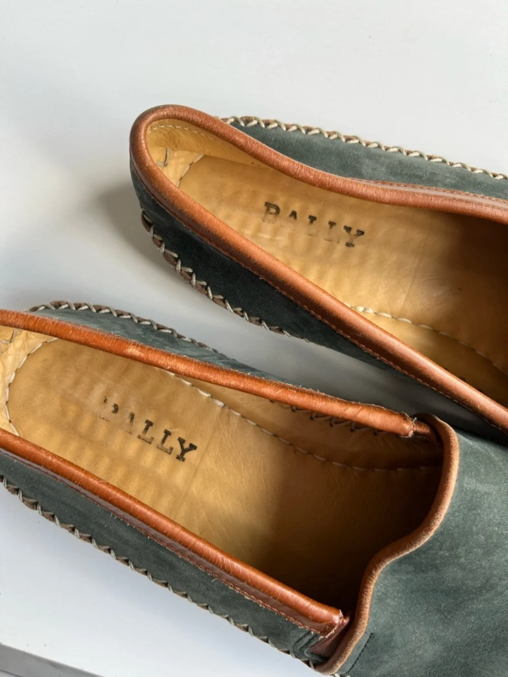 Bally Dark Green Suede Slip-On Loafers with Brown Trim